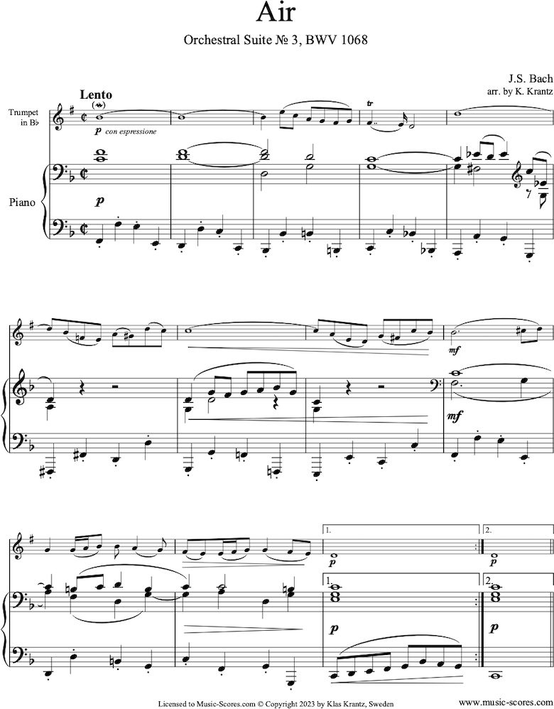 Front page of bwv 1068: Air on G: Trumpet and Piano: F major. sheet music