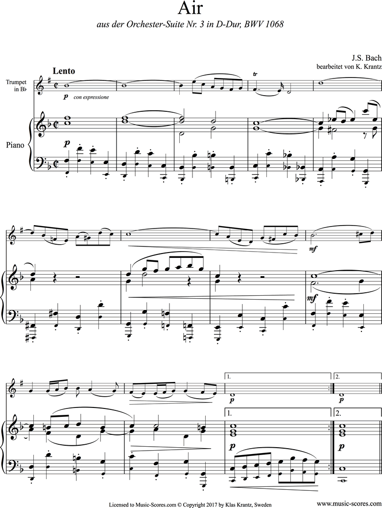 Front page of bwv 1068: Air on G: Trumpet and Piano. sheet music