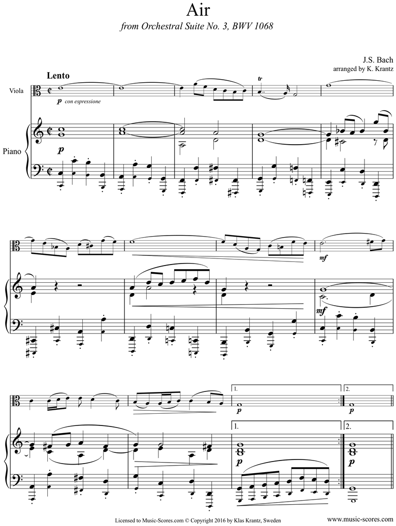 Front page of bwv 1068: Air on G: Viola and Piano. sheet music