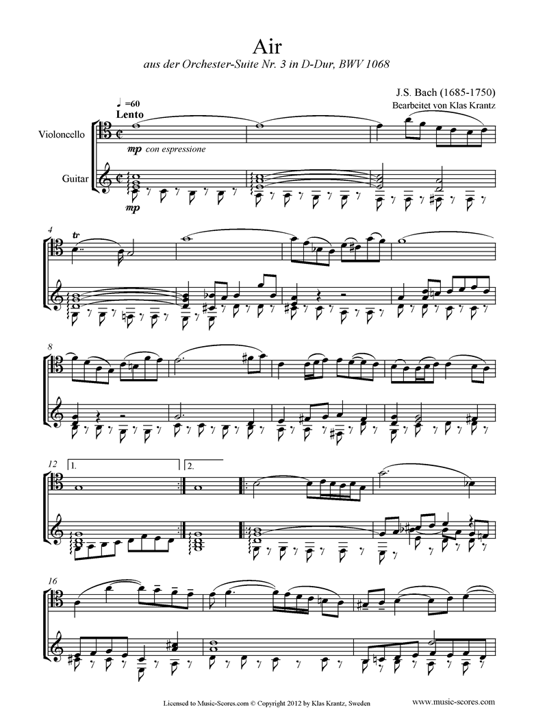Front page of bwv 1068: Air on G: Cello and Guitar. sheet music