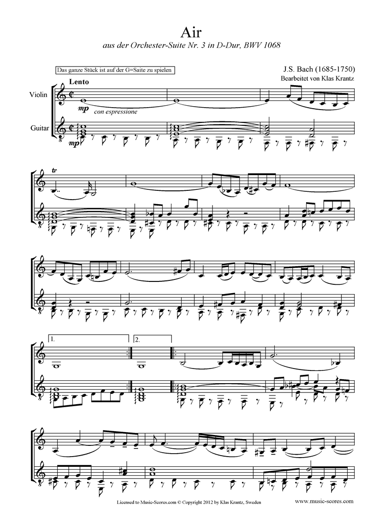 Bach. bwv 1068 Air on G Violin and Guitar. classical sheet music