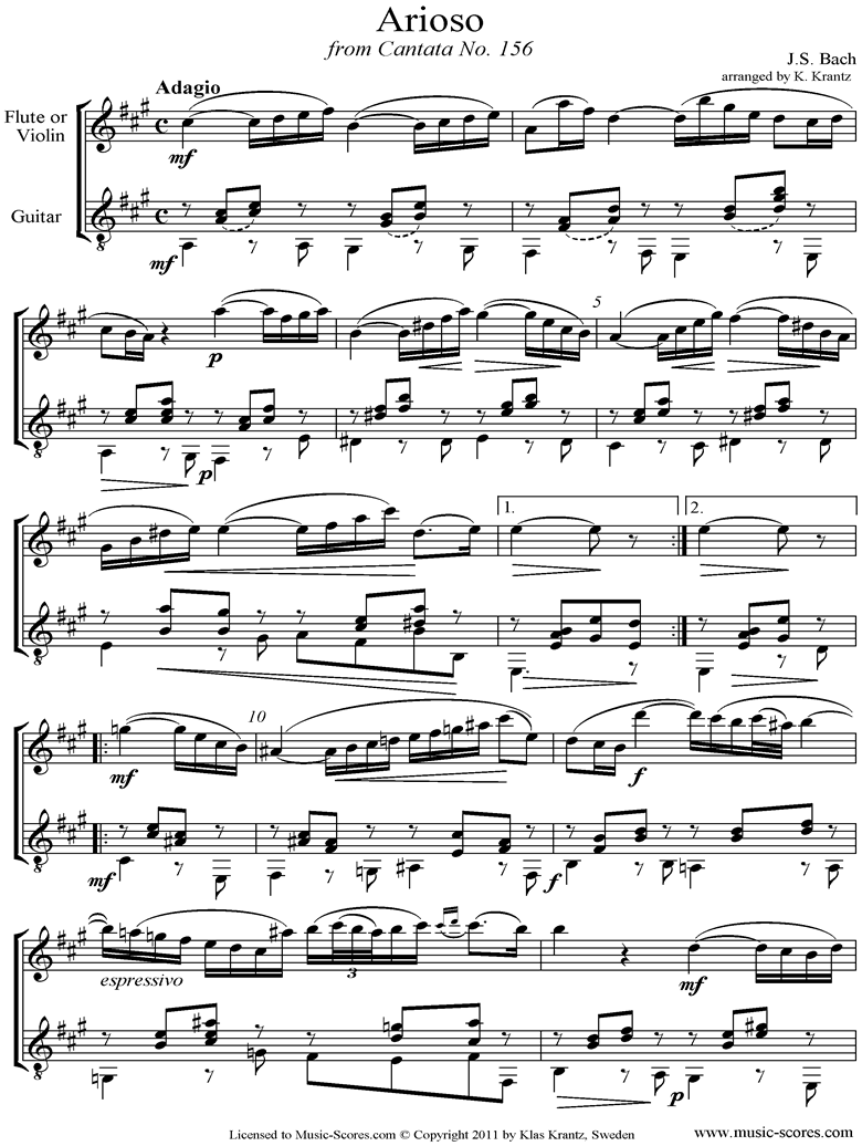 Front page of Cantata 156, 5th Concerto: Arioso: Flute, Guitar sheet music