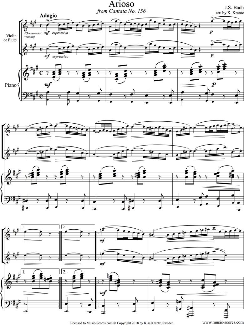 Front page of Cantata 156, 5th Concerto: Arioso: Flute, Piano: A major sheet music