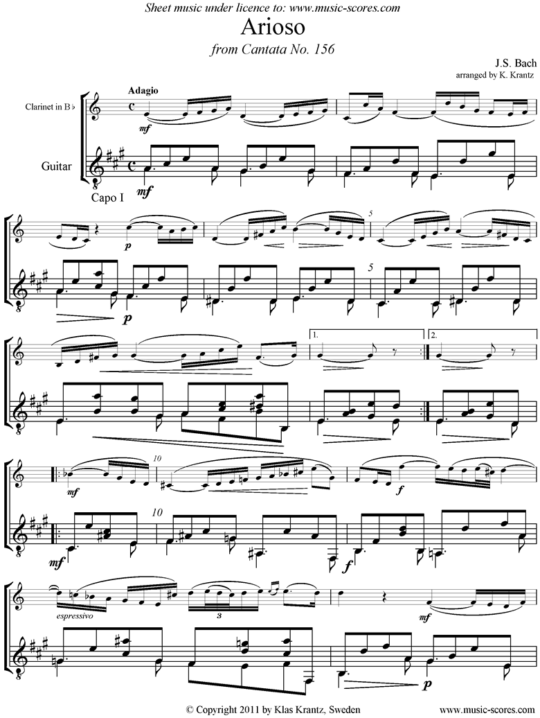 Front page of Cantata 156, 5th Concerto: Arioso: Clarinet, Guitar Capo I sheet music