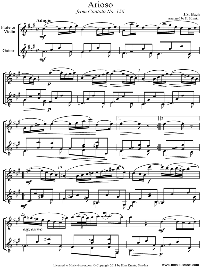 Front page of Cantata 156, 5th Concerto: Arioso: Flute, Guitar easier sheet music