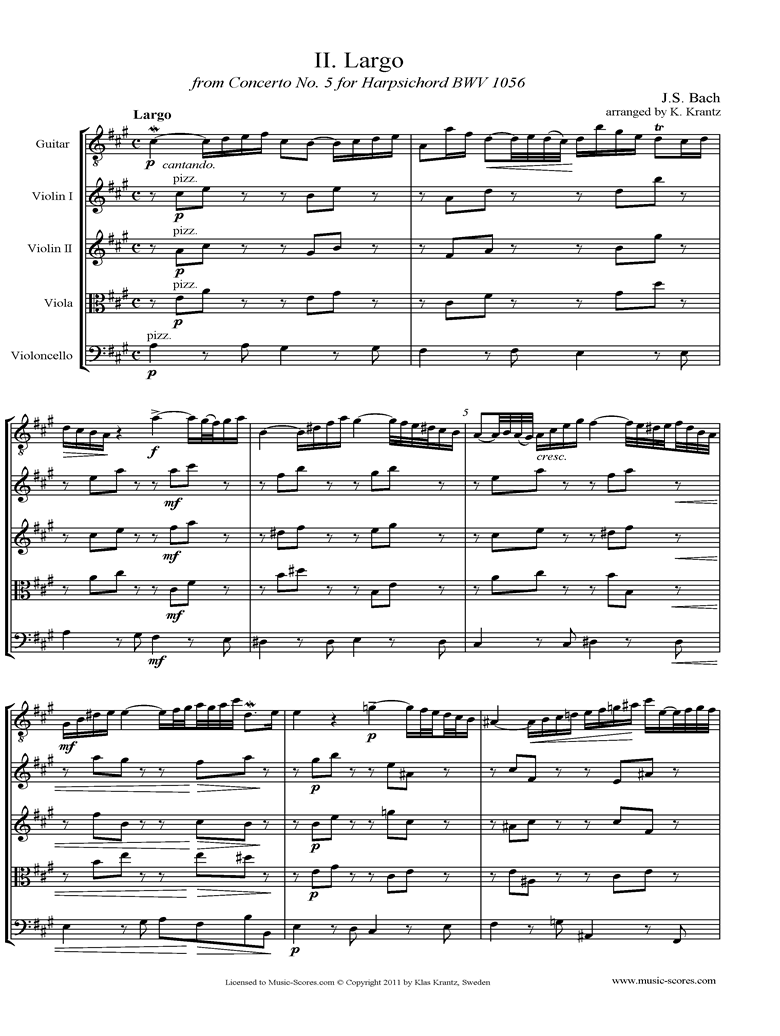 Front page of Cantata 156, 5th Concerto: Arioso: String Quartet, Guitar sheet music