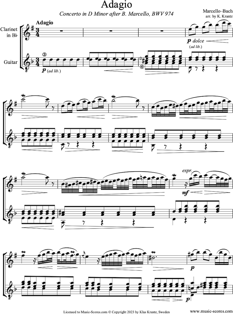 Front page of BWV 974 2nd movement Adagio of Marcello D minor Concerto: Clarinet and Guitar sheet music
