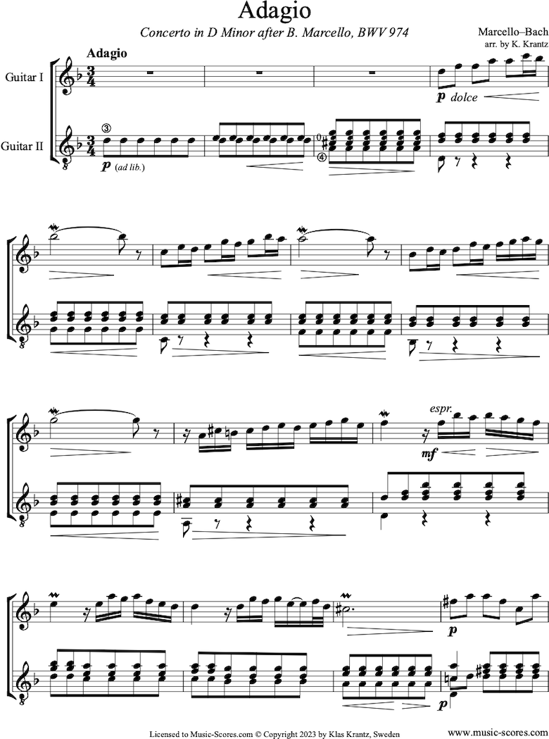 Front page of BWV 974 2nd movement Adagio of Marcello D minor Concerto: Two Guitars sheet music