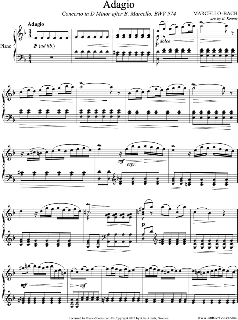 Front page of BWV 974 2nd movement Adagio of Marcello D minor Concerto: easier Piano sheet music