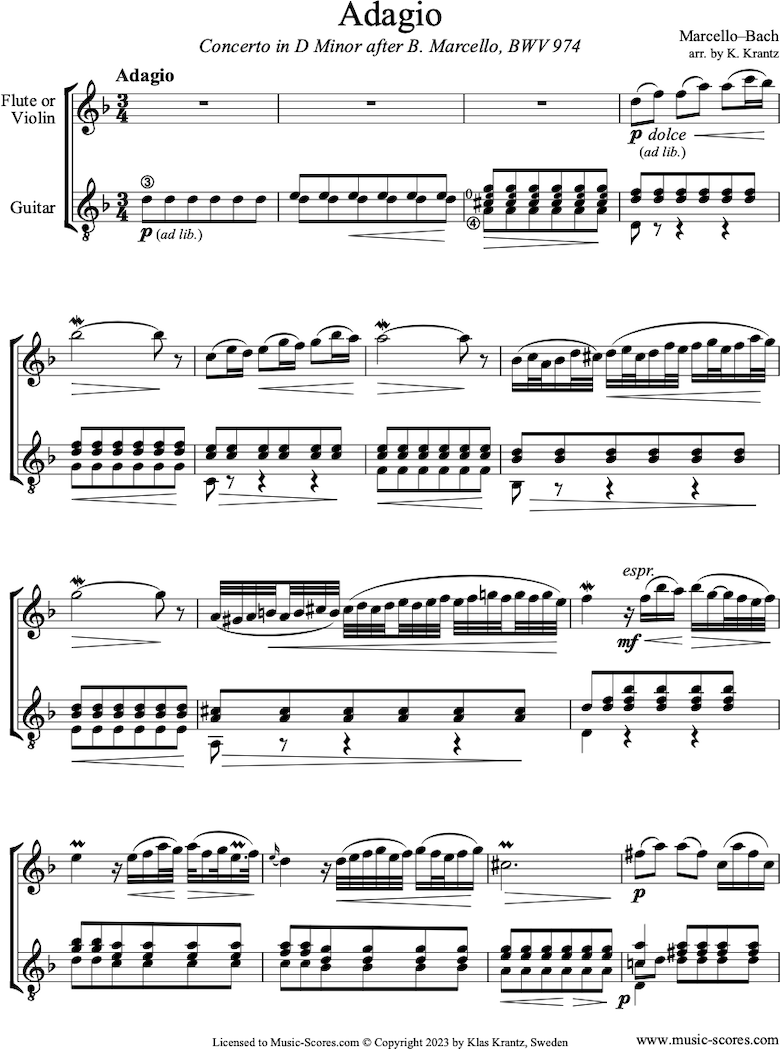 Front page of BWV 974 2nd movement Adagio of Marcello D minor Concerto: Flute and Guitar sheet music