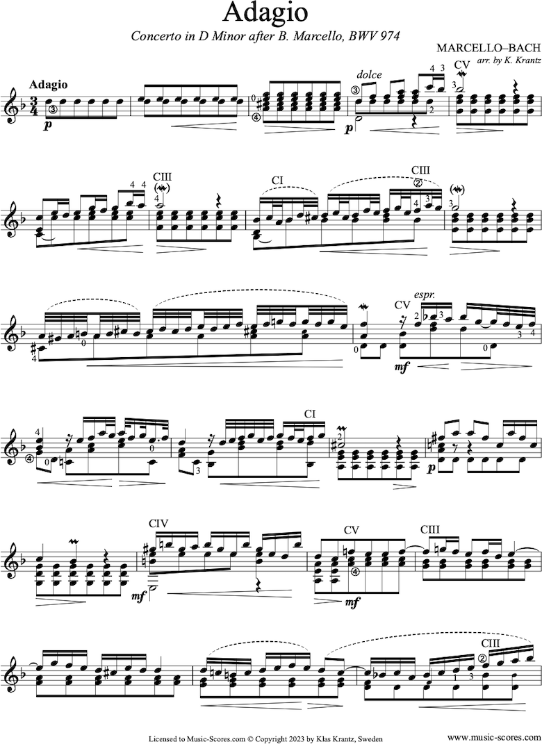 Front page of BWV 974 2nd movement Adagio of Marcello D minor Concerto: Guitar sheet music