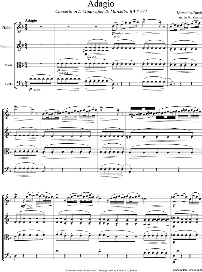Front page of BWV 974 2nd movement Adagio of Marcello D minor Concerto: String Quartet sheet music