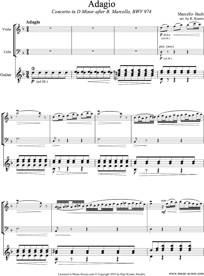Front page of BWV 974 2nd movement Adagio of Marcello D minor Concerto: Violin, Cello, Guitar sheet music