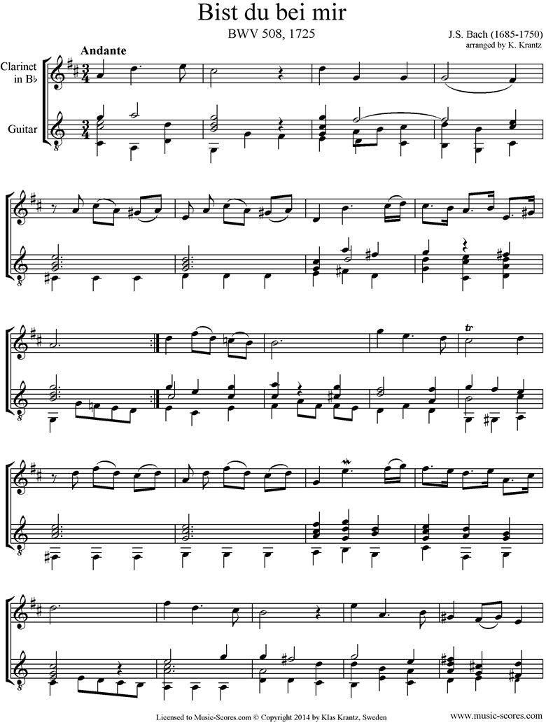 Front page of Anna Magdalena: No. 25: Bist du bei mir: Clarinet, Guitar sheet music