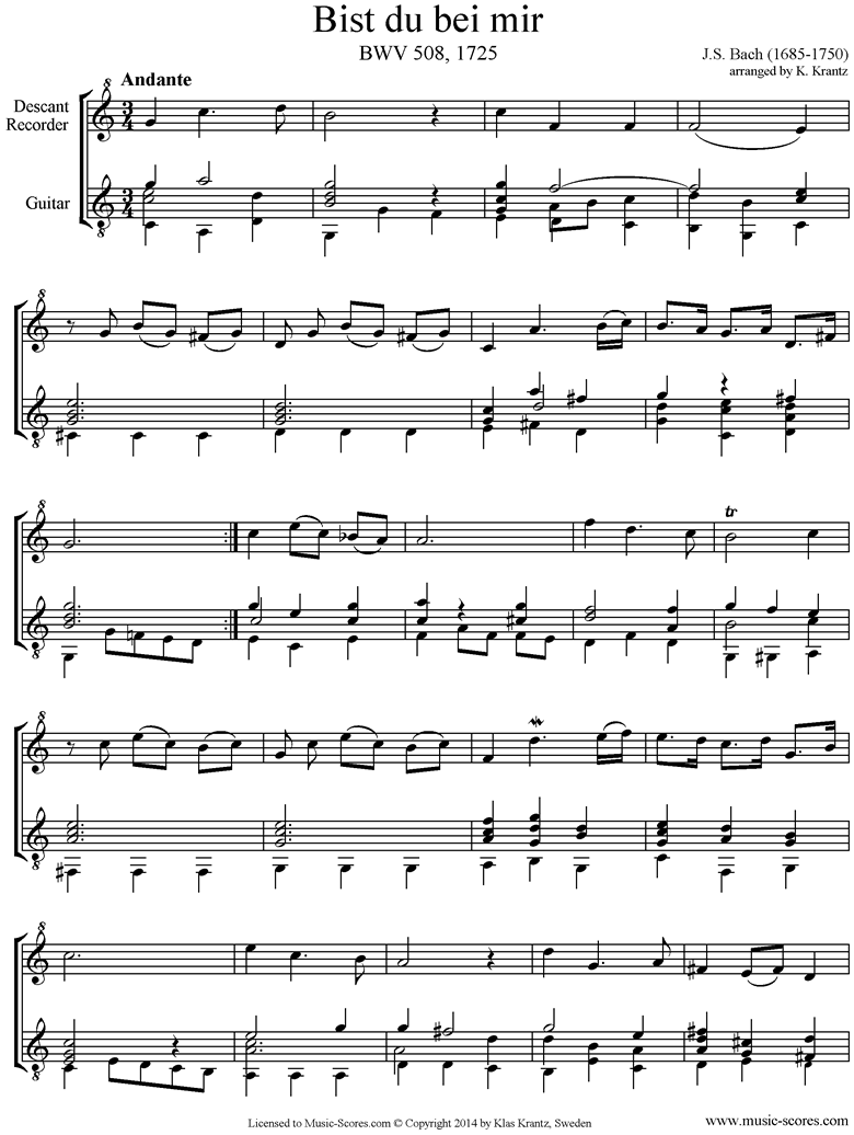 Front page of Anna Magdalena: No. 25: Bist du bei mir: Descant Recorder, Guitar sheet music