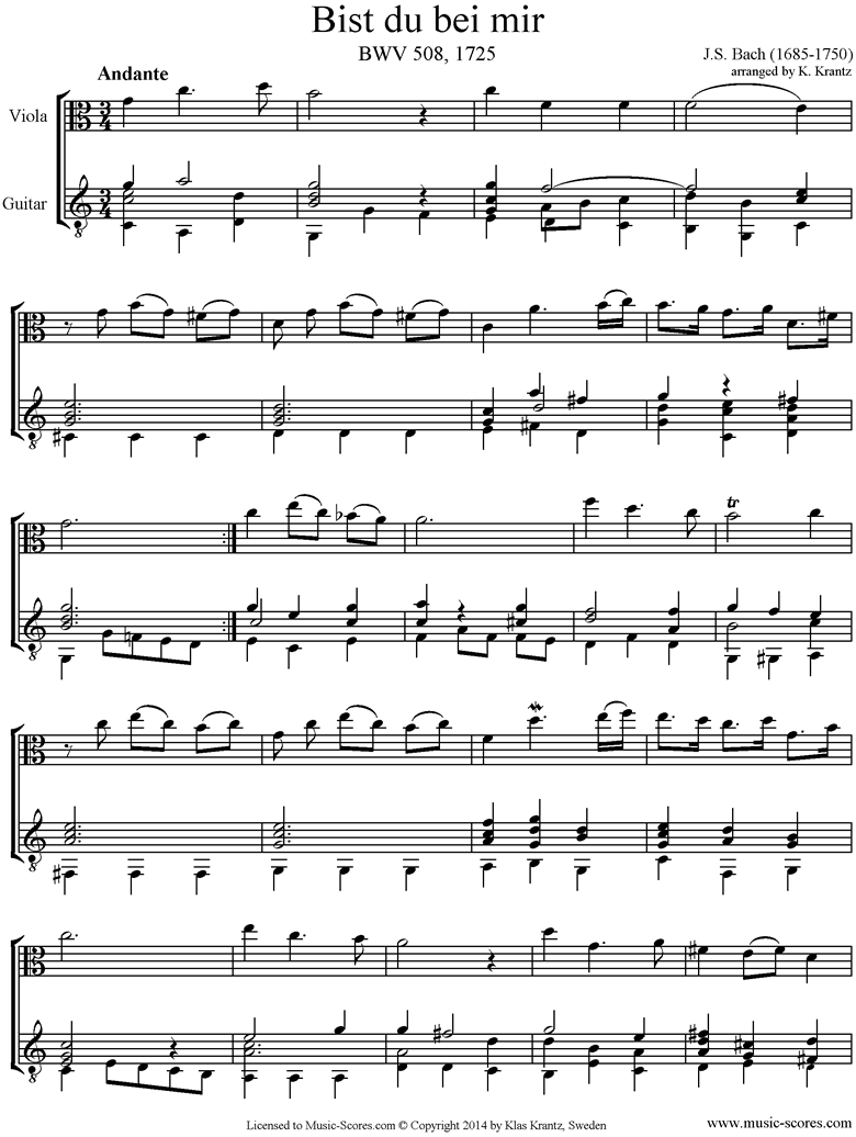 Anna Magdalena: No. 25: Bist du bei mir: Viola, Guitar by Bach