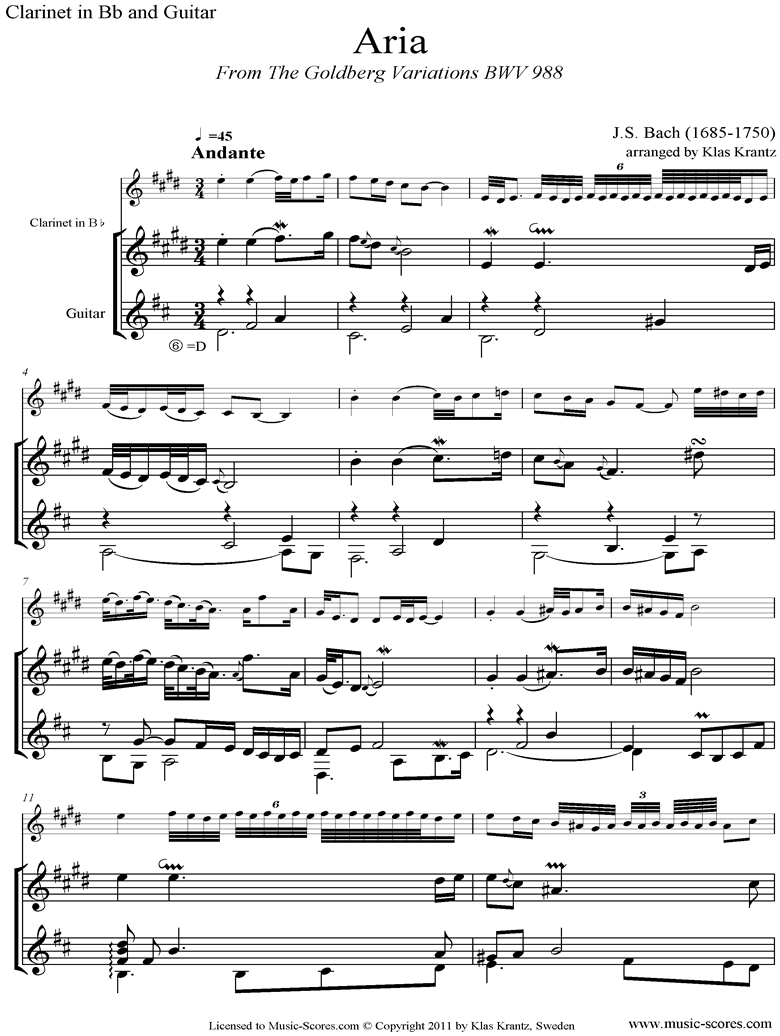 Front page of Goldberg Variations: No. 00 Aria: Clarinet, Guitar sheet music