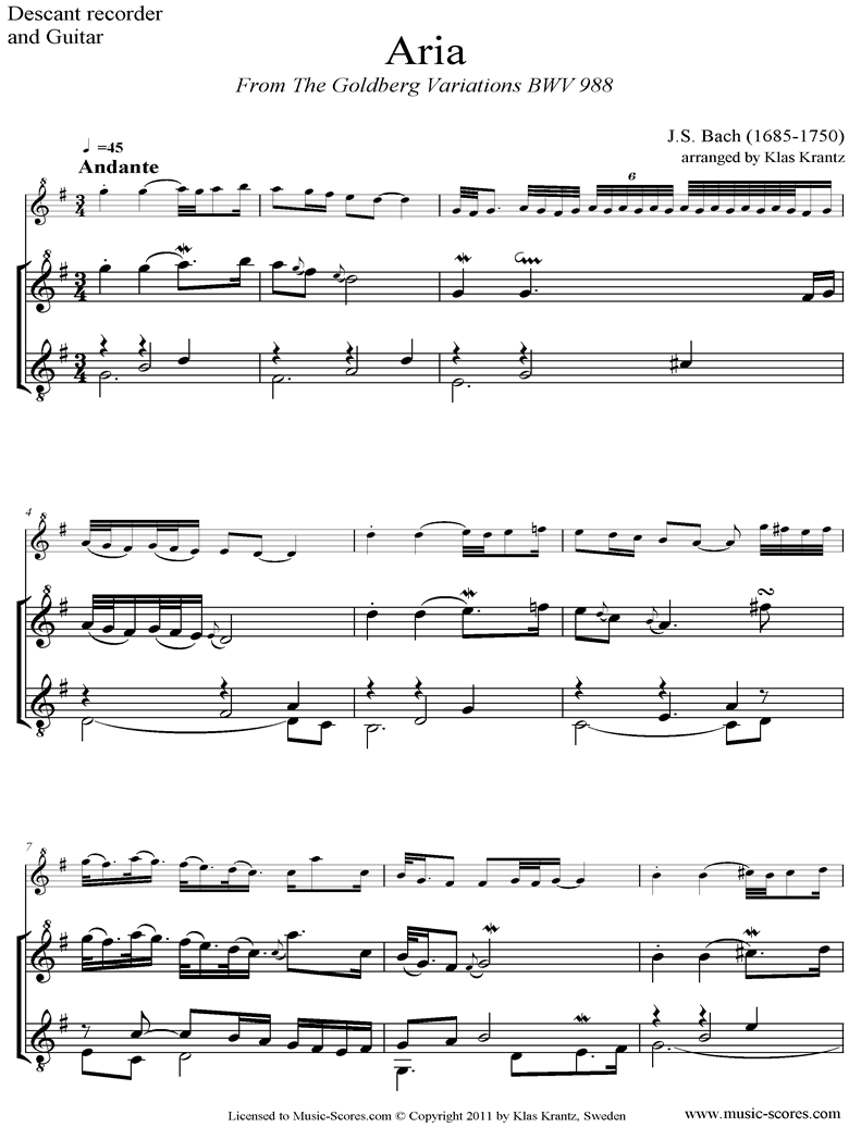 Front page of Goldberg Variations: No. 00 Aria: Descant Recorder, Guitar sheet music
