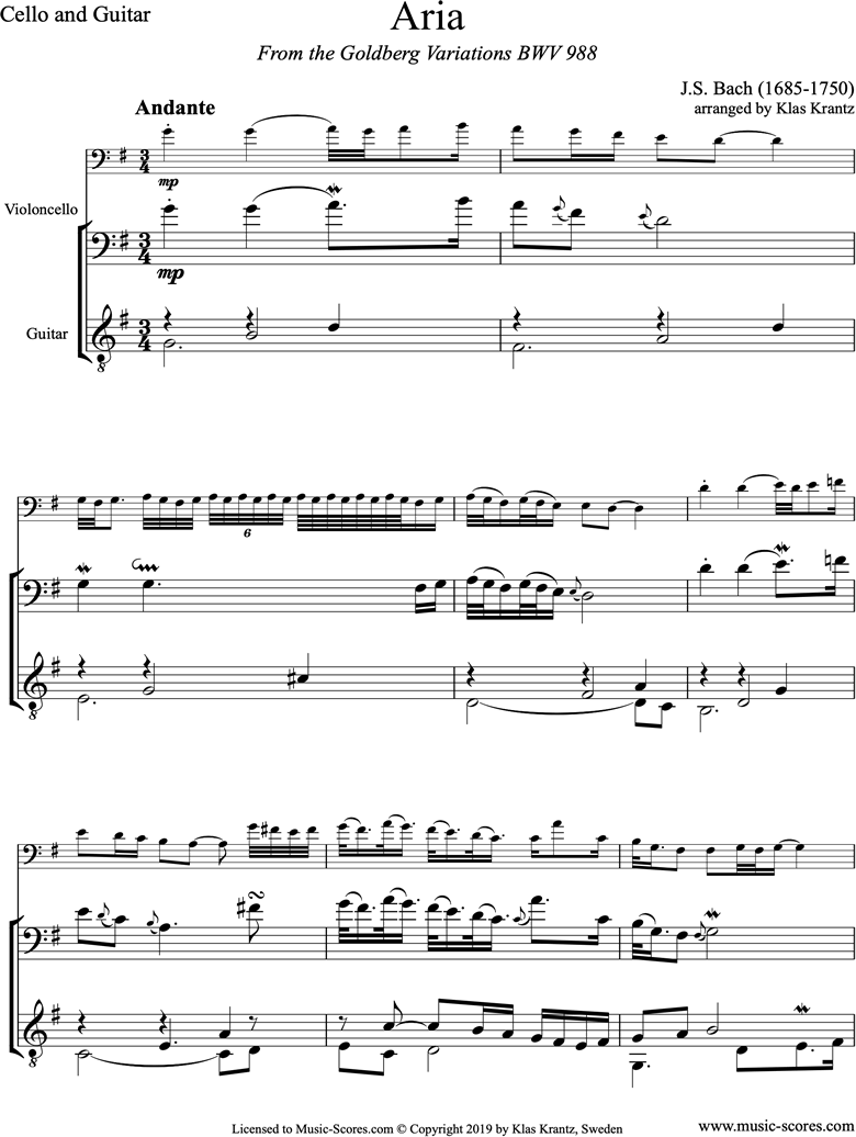 Front page of Goldberg Variations: No. 00 Aria: Cello, Guitar: G ma sheet music