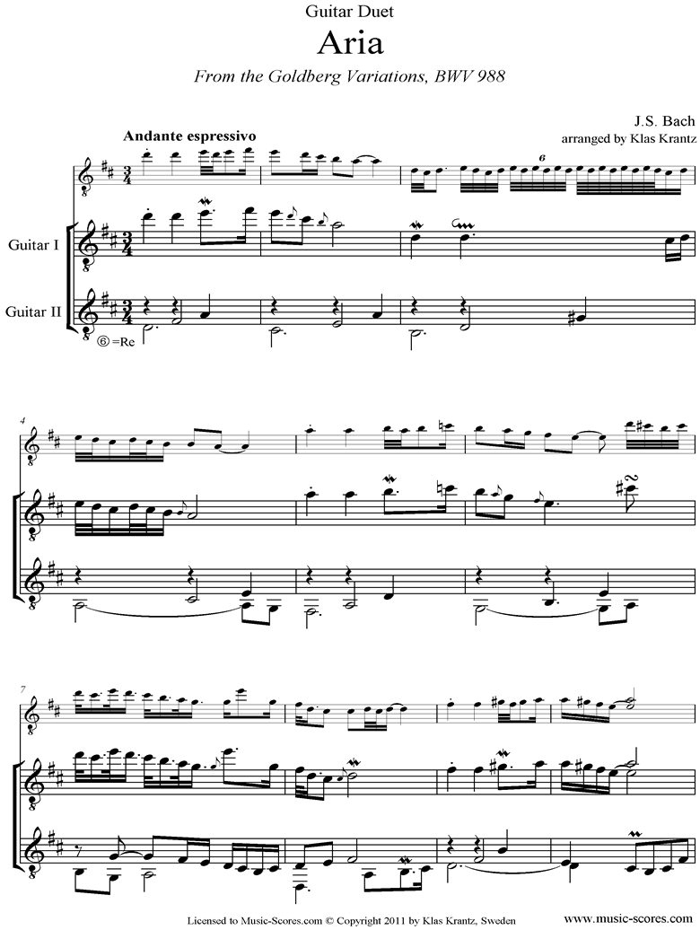 Front page of Goldberg Variations: No. 00 Aria: 2 Guitars sheet music