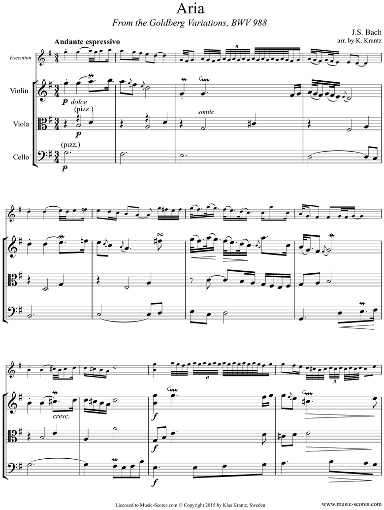 Front page of Goldberg Variations: No. 00 Aria: String Trio sheet music