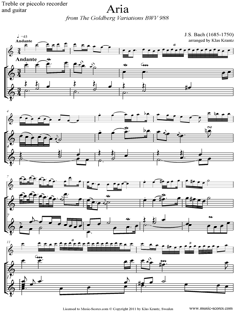 Goldberg Variations: No. 00 Aria: Treble Recorder, Guitar by Bach