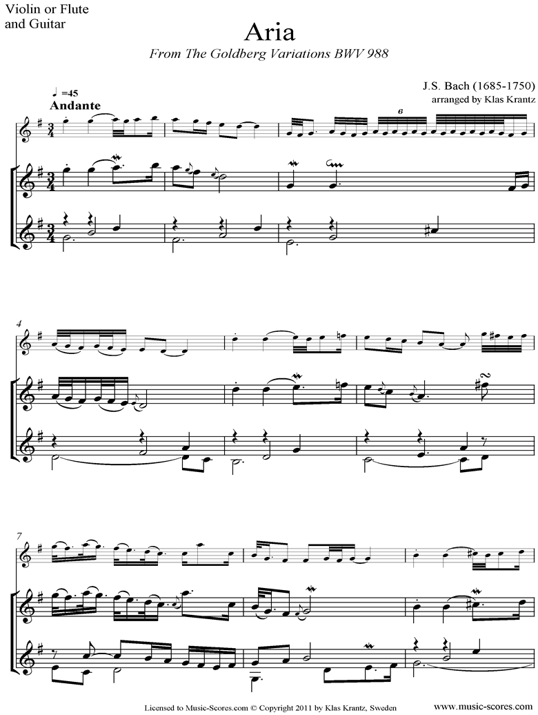 Front page of Goldberg Variations: No. 00 Aria: Violin, Guitar sheet music