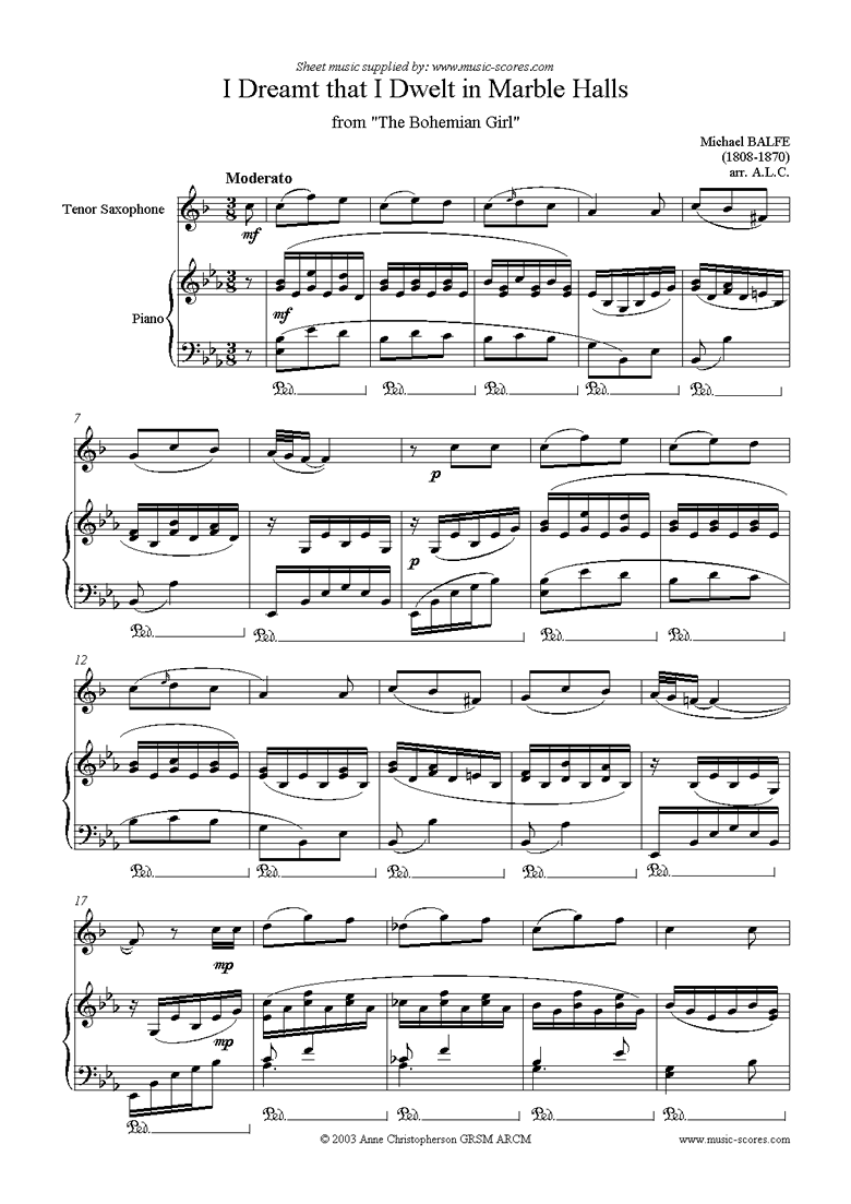 Front page of I Dreamt that I Dwelt in Marble Halls: Tenor Sax sheet music