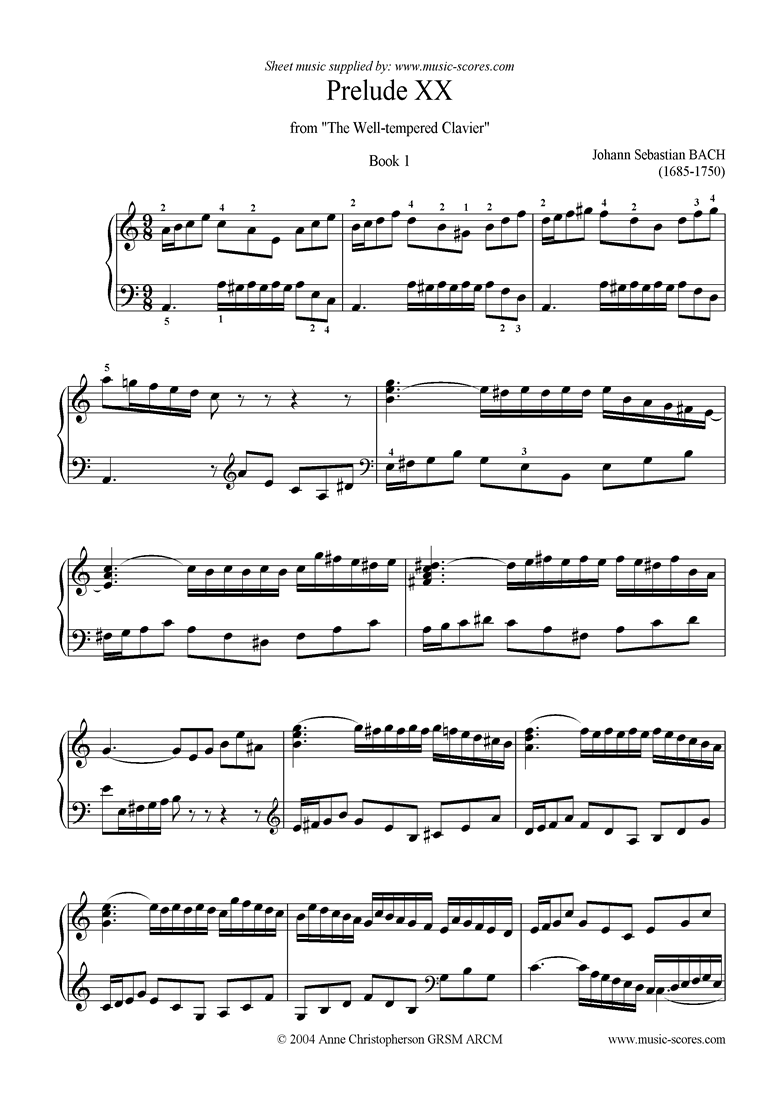 Front page of Well Tempered Clavier, Book 1: 20a: Prelude XX sheet music