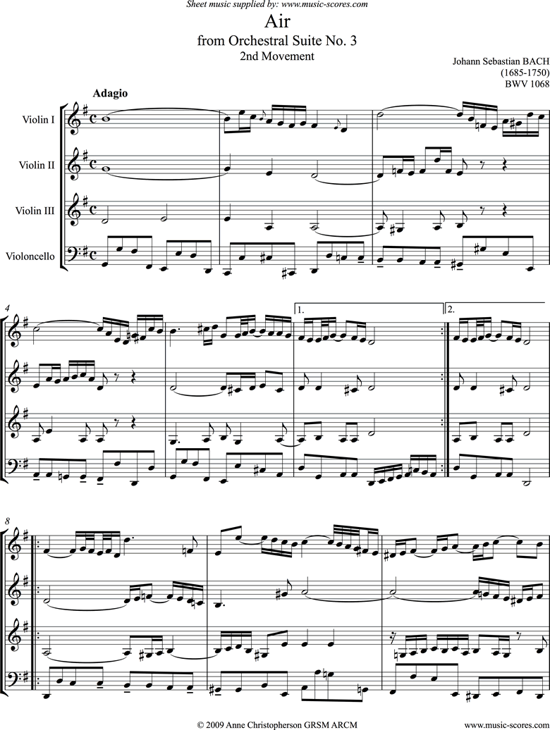 Front page of bwv 1068: Air on G: 3 Violins and Cello sheet music