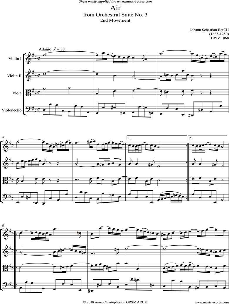 Front page of bwv 1068: Air on G: string 4: 2 violins, viola, cello: D ma sheet music