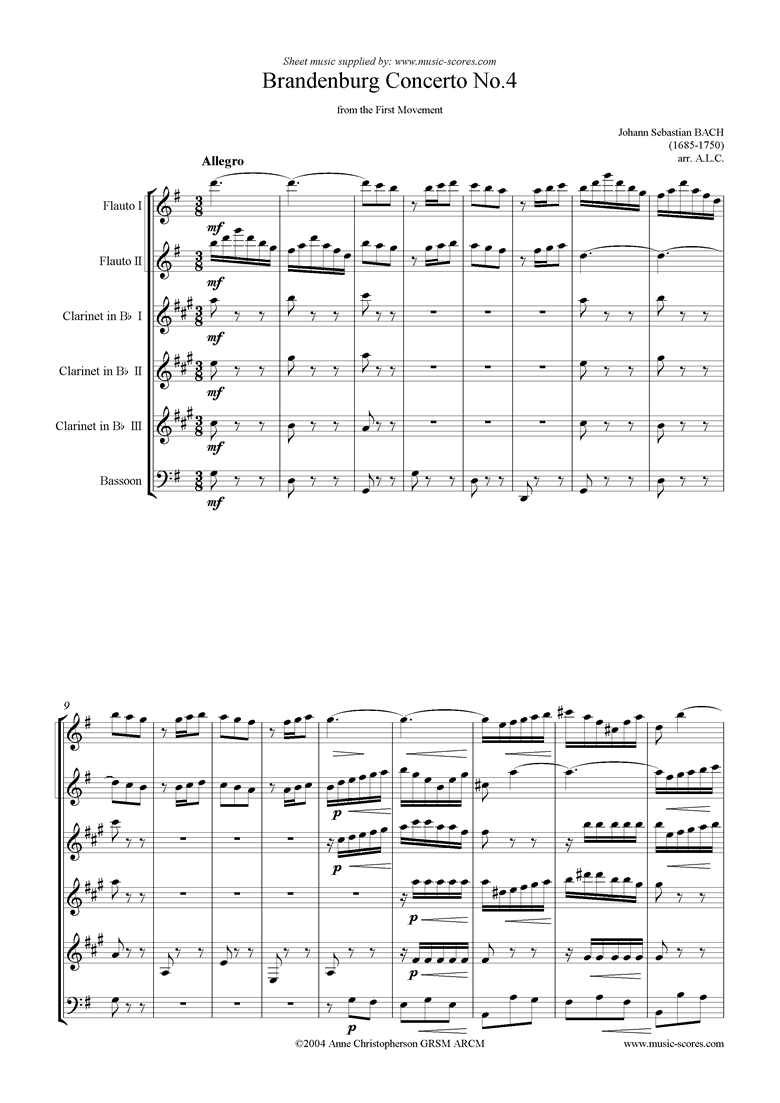 Front page of Brandenburg 4: 1st mvt abridged: 2fl, 3cl fg sheet music