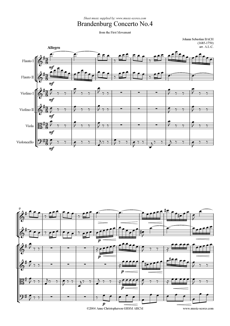 Front page of Brandenburg Concerto No. 4: 1st Mvt abridged. sheet music