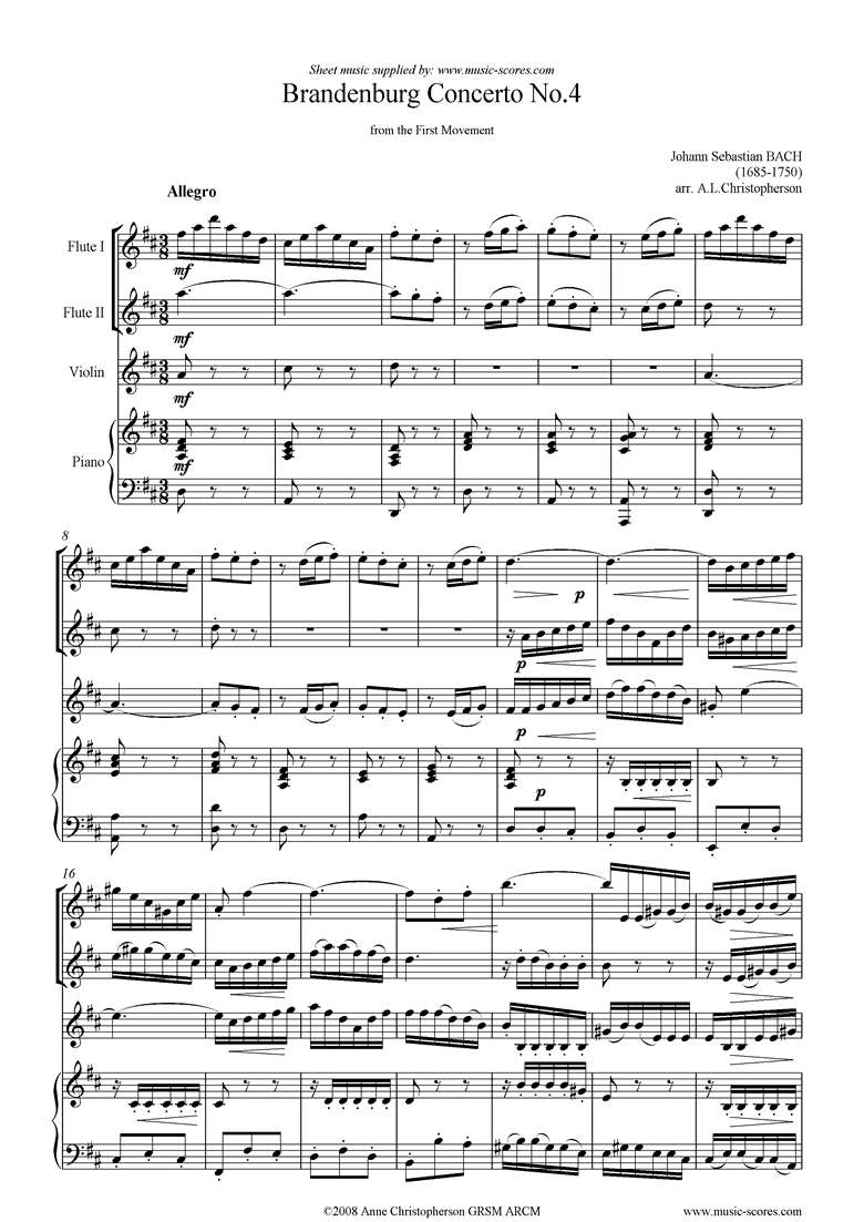 Front page of Brandenburg 4: 1st mvt: 2 Flutes, Violin and Piano sheet music