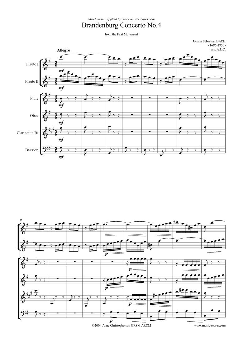 Front page of Brandenburg 4: 1st mvt abridged: 2fl, fl ob cl fg sheet music