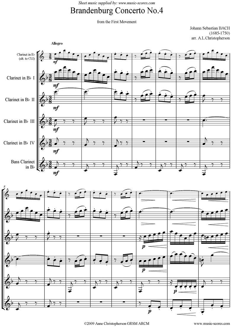 Front page of Brandenburg 4: 1st mvt abridged: 4cls, Bass cl sheet music