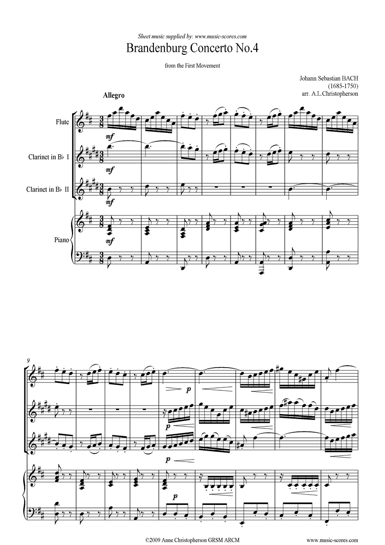 Brandenburg 4: 1st mvt: Flute, 2 Clarinets, Piano by Bach
