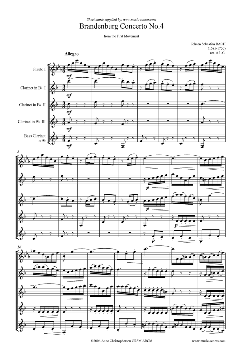 Front page of Brandenburg 4: 1st mvt abridged: Fl, 3cls, Bass cl sheet music