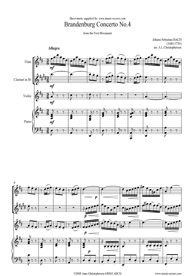 Front page of Brandenburg Concerto No. 4: 1st Mvt Fl, Cl, Vn,Pno sheet music