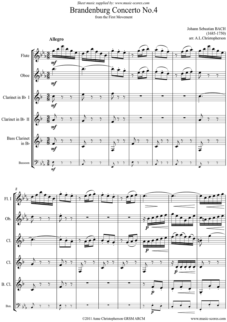 Front page of Brandenburg 4: 1st mvt abridged: Flute, Oboe, 2 Clarinets, Bass Clarinet or Bassoon sheet music