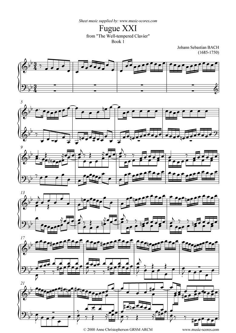 Bach. Well Tempered Clavier, Book 1 21b Fugue XXI classical sheet music