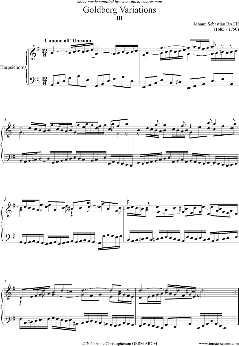 Front page of Goldberg Variations: No. 03: Harpsichord sheet music