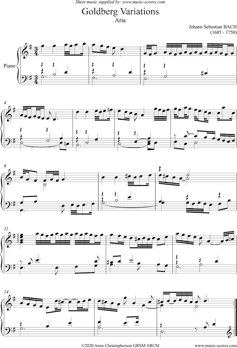 Front page of Goldberg Variations: No. 00 Aria sheet music