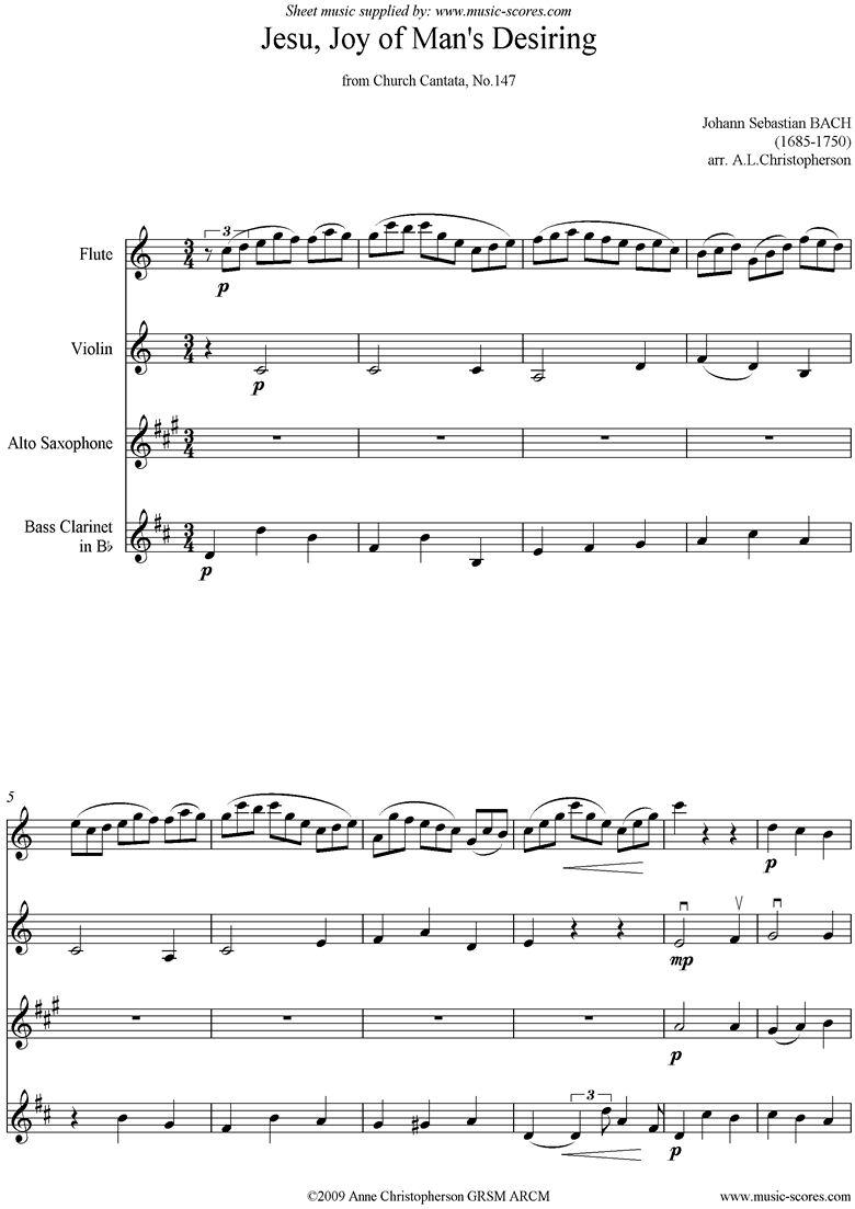 Front page of Jesu, Joy: Church Cantata No.147:Fl, Vn, Asx, Bcl sheet music
