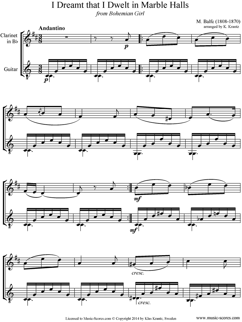 I Dreamt that I Dwelt in Marble Halls: Clarinet, Guitar by Balfe