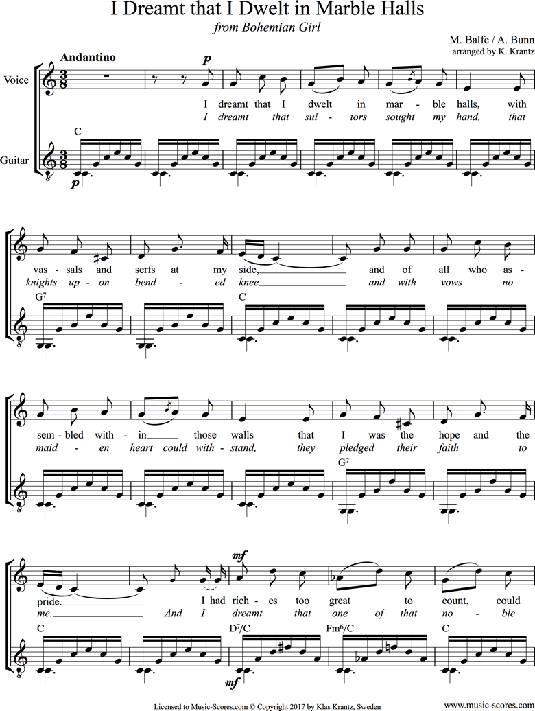 Front page of I Dreamt that I Dwelt in Marble Halls: Voice, Guitar sheet music