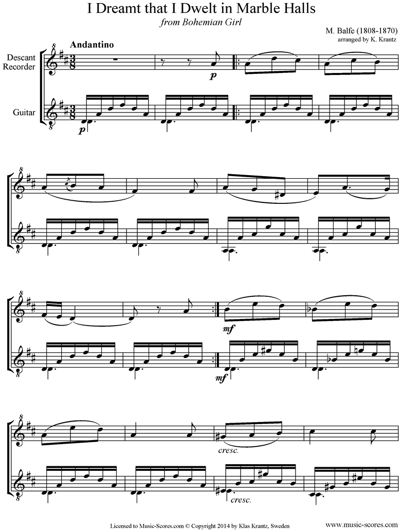 I Dreamt that I Dwelt in Marble Halls: Descant Recorder, Guitar by Balfe
