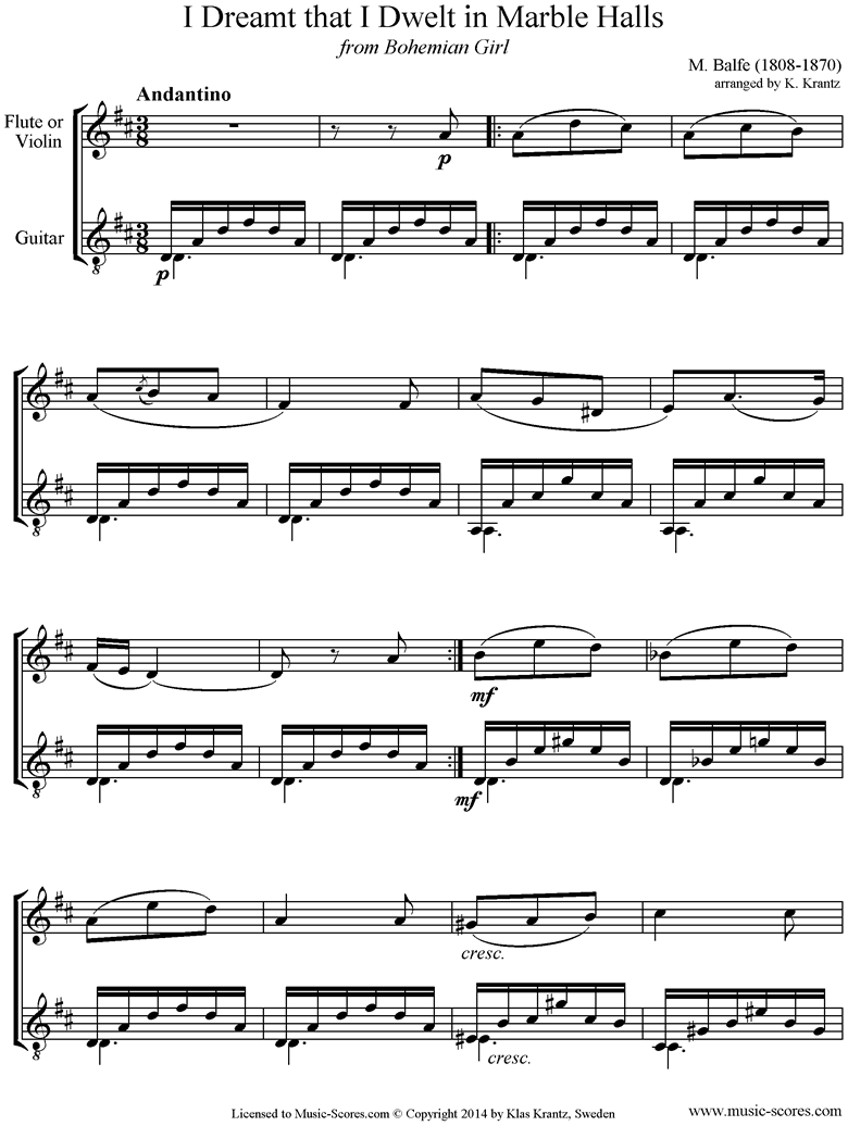 I Dreamt that I Dwelt in Marble Halls: Flute, Guitar by Balfe
