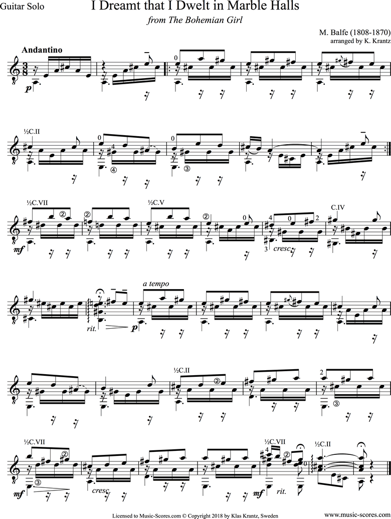 Front page of I Dreamt that I Dwelt in Marble Halls: Guitar Solo sheet music