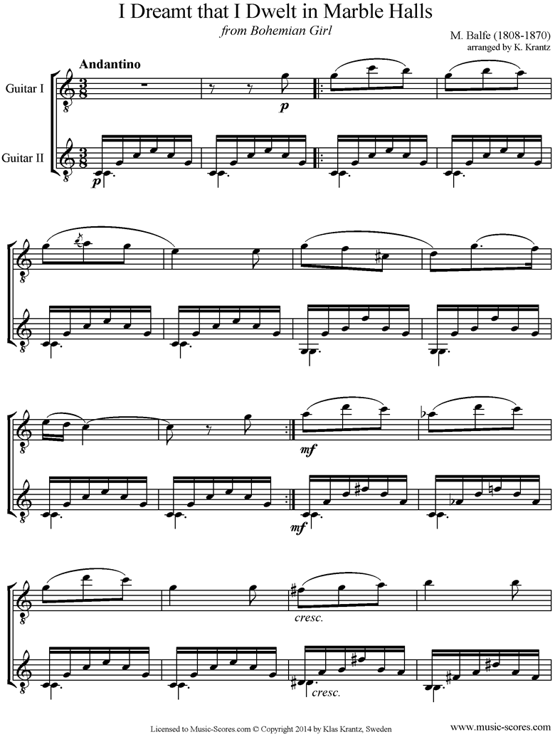 Front page of I Dreamt that I Dwelt in Marble Halls: 2 Guitars sheet music